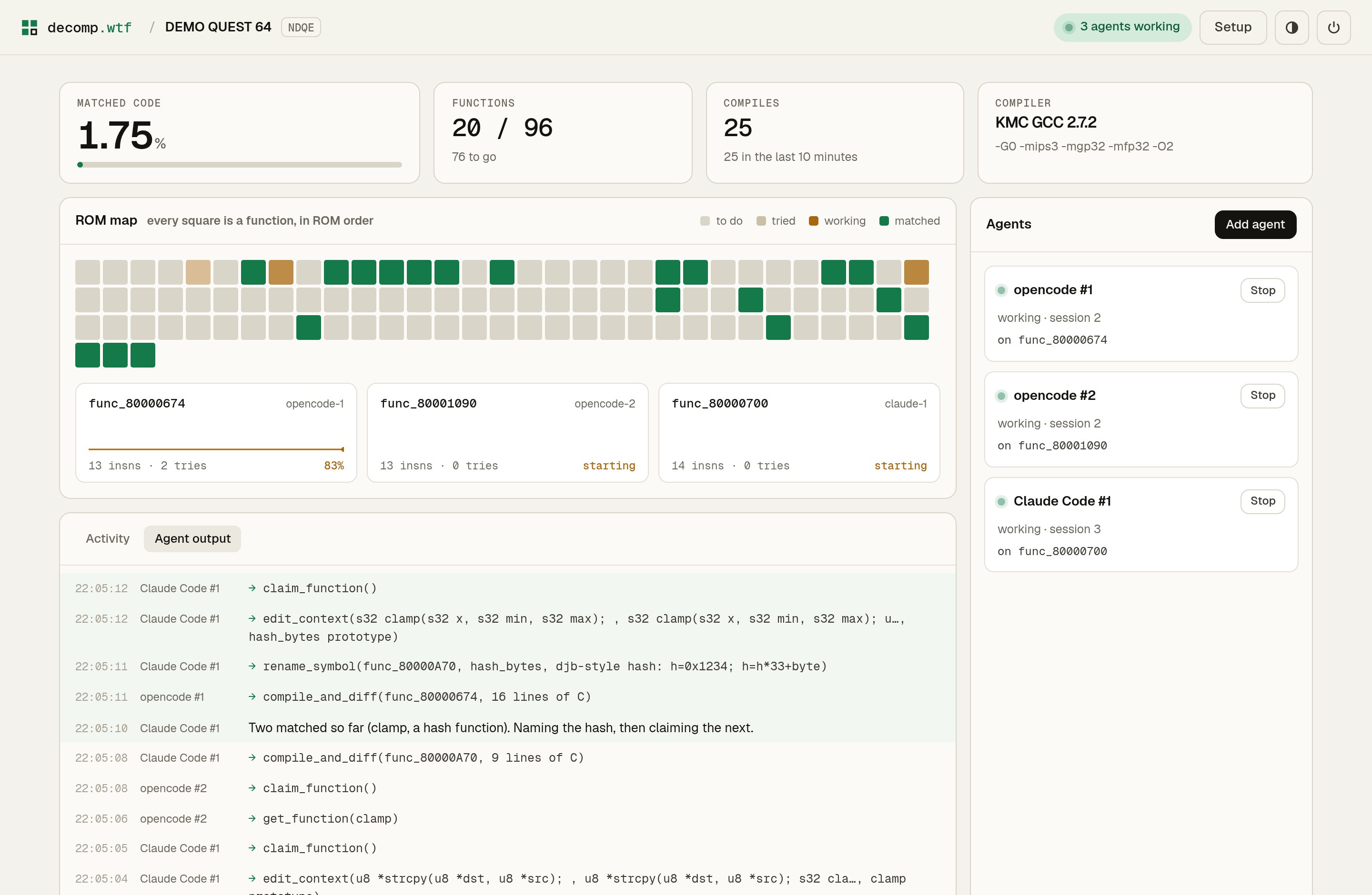 decomp.wtf working on the demo ROM: a map of all functions, 20 of 96 matched in green, three agents (Claude Code and two opencode agents running DeepSeek) each working on a function, and their tool calls streaming in.